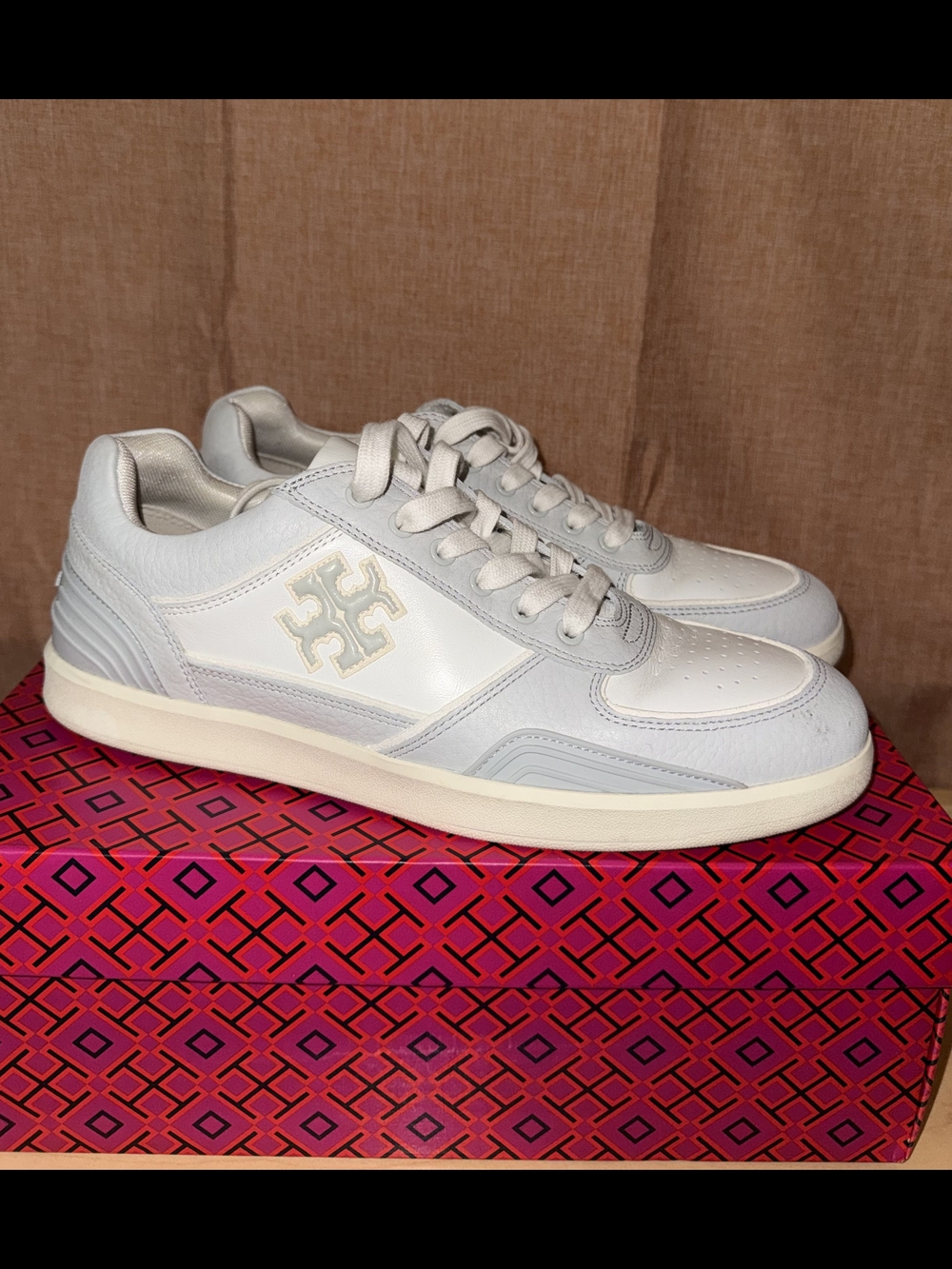 Tory Burch White and Light Gray Leather Logo Sneakers